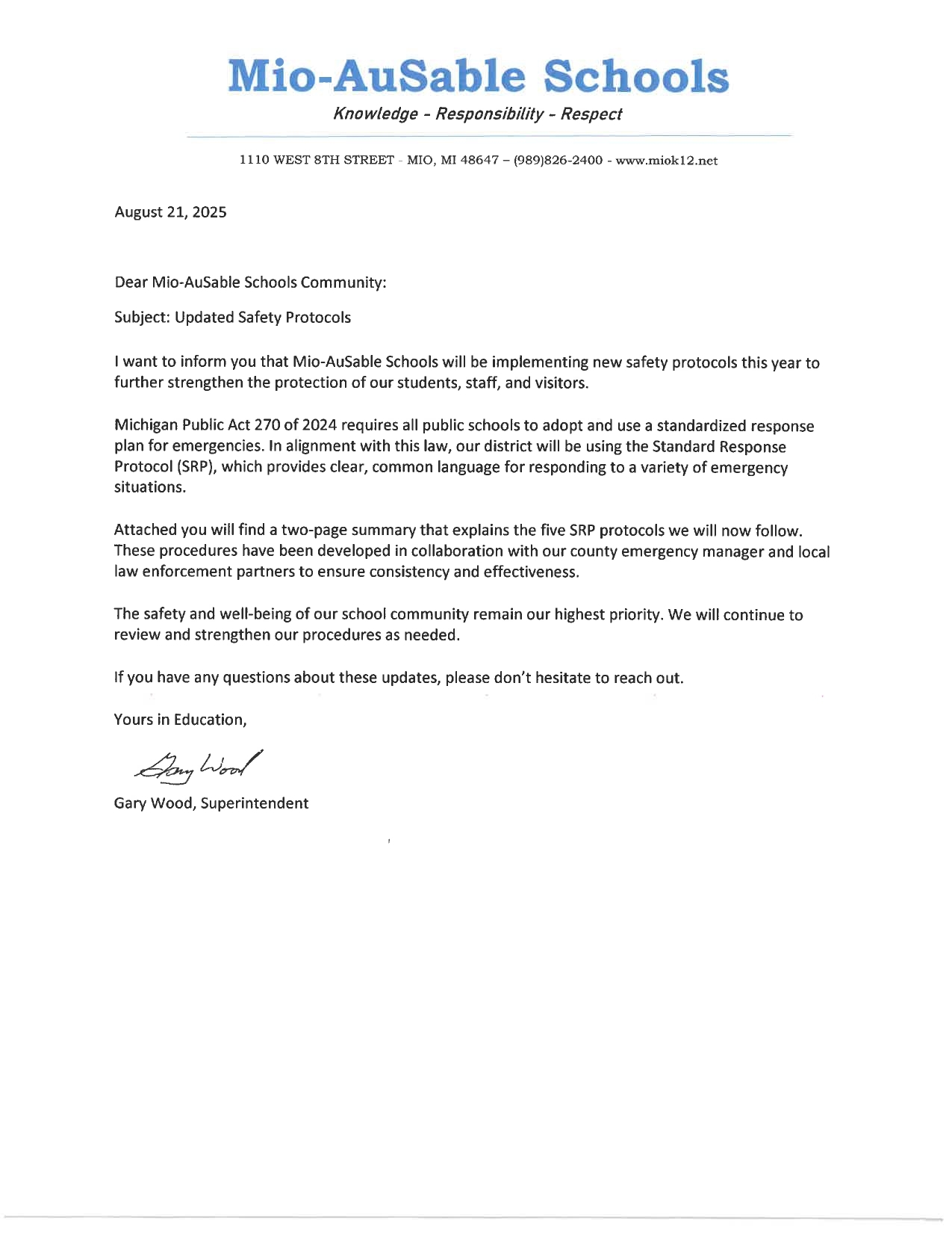 Letter About Safety Protocols